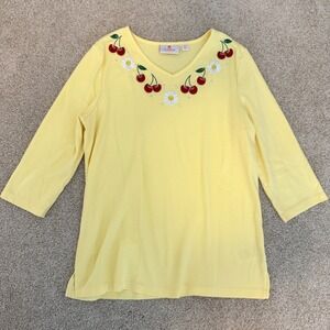 Quacker Factory Top Women Medium Yellow Cherry Daisy Embroidered 3/4 Sleeve